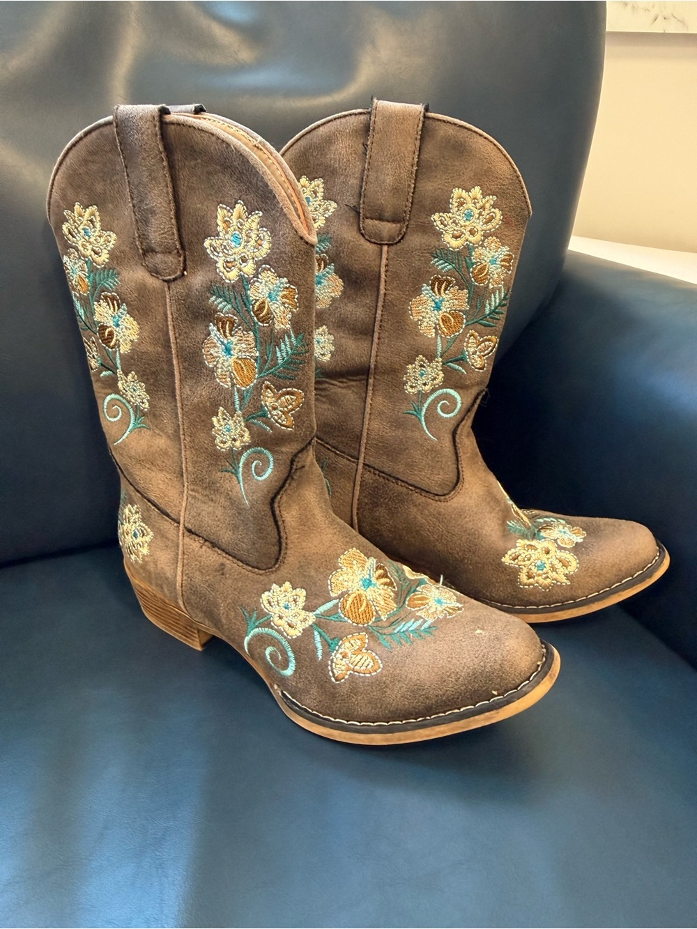 Roper Brown Western Kids Embroidered Floral Boots with Teal Accents